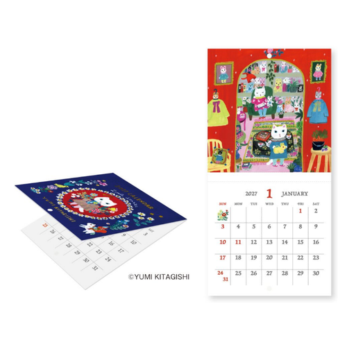 Yumi Kitagishi 2027 Mini Wall Calendar slim illustrated wall calendar with gold foil cover and detachable art prints. / Mini calendrier mural illustré Yumi Kitagishi 2027 mince avec couverture en feuille d'or et tirages d'art détachables.