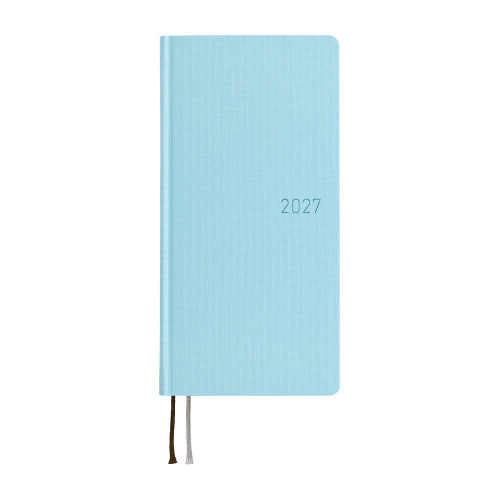 Hobonichi Techo 2027 Weeks Colors Sea Glass slim weekly planner with soft mint blue vinyl cover. / Agenda hebdomadaire mince Hobonichi Techo 2027 Weeks Colors Sea Glass avec couverture vinyle bleu menthe doux.
