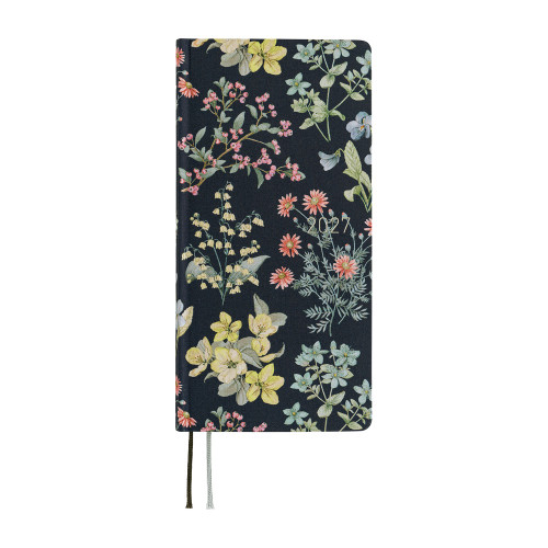 Hobonichi Techo 2027 Weeks Liberty Fabrics: Floral Remedy. Slim hardcover weekly planner covered in Liberty Tana Lawn cotton with a hand-drawn herbal flower print and matte silver 2027 foil. Hobonichi Techo 2027 Weeks Liberty Fabrics : Floral Remedy. Agenda hebdomadaire mince à couverture rigide en coton Tana Lawn Liberty, imprimé floral aux plantes médicinales et millésime 2027 en foil argent mat.