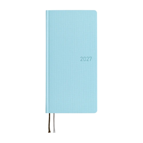 Hobonichi Techo 2027 Weeks Mega Colors: Sea Glass. Slim expanded hardcover weekly planner in vibrant light blue with metallic light-blue 2027 foil and extra grid memo pages. Hobonichi Techo 2027 Weeks Mega Colors : Sea Glass. Agenda hebdomadaire mince à couverture rigide bleu clair, millésime 2027 en foil bleu métallisé et pages mémo quadrillées supplémentaires.