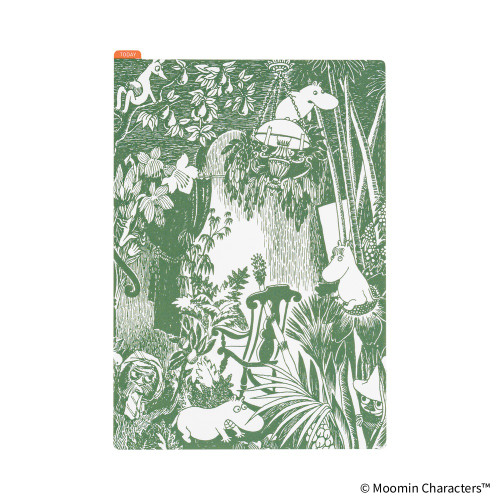 Hobonichi A5 Pencil Board Moomin: Jungle Game. Thin Yupo board for A5 with Moomintroll and friends in a hat-grown jungle, millimetre ruler and Today tab. Planche à crayon Hobonichi A5 Moomin : Jungle Game. Plaque Yupo fine pour A5 : Moomintroll et ses amis dans une jungle née du chapeau, règle millimétrée et onglet Today.