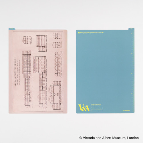 Hobonichi A5 Pencil Board V&A Series: Architectural Drawing. Thin Yupo board for A5 with the V&A Cast Courts plan, sax-blue reverse, millimetre ruler and Today tab. Planche à crayon Hobonichi A5 V&A Series : Architectural Drawing. Plaque Yupo fine pour A5 : plan des Cast Courts du V&A, verso bleu sax, règle millimétrée et onglet Today.