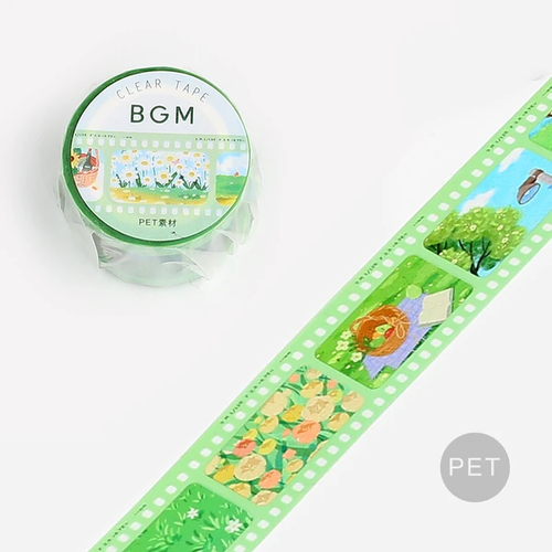 BGM Film PET Tape Green (3 cm). A 30 mm × 5 m clear green PET roll designed like camera film. Ruban PET BGM Film Green (3 cm). Rouleau PET transparent vert 30 mm × 5 m, aspect pellicule photo.