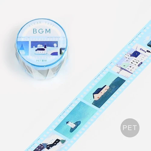 BGM Film PET Tape Light Blue (3 cm). A 30 mm × 5 m clear pale-blue PET roll designed like camera film. Ruban PET BGM Film Light Blue (3 cm). Rouleau PET transparent bleu clair 30 mm × 5 m, aspect pellicule photo.