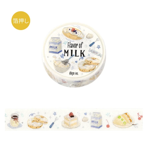 BGM Tokimeki Flavour Washi Tape Milk (1.5 cm). A 15 mm × 5 m foil-stamped washi roll of milk and dairy café motifs. Ruban washi BGM Tokimeki Flavour Milk (1,5 cm). Rouleau washi 15 mm × 5 m, motifs lait et café, dorure.