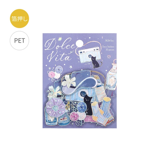 BGM Dolce Vita Sticker Set Piece of Life. A foil-stamped clear PET pack of 30 everyday-life stickers (10 designs × 3). Set d’autocollants BGM Dolce Vita Piece of Life. 30 stickers vie quotidienne en PET transparent doré (10 motifs × 3).