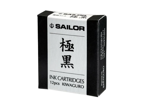 Sailor Fountain Pen Ink Cartridge Ultra Black. A box of 12 Kiwaguro pigment-black cartridges, 6.5 × 49.5 mm each. Cartouches Sailor Ultra Black. Boîte de 12 cartouches pigment Kiwaguro, 6,5 × 49,5 mm.