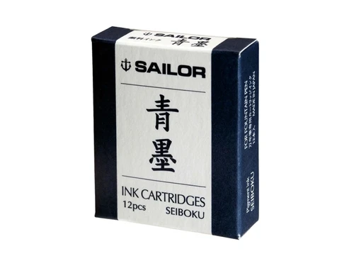 Sailor Fountain Pen Ink Cartridge Blue. A box of 12 Seiboku pigment-blue cartridges, 6.5 × 49.5 mm each. Cartouches Sailor Blue. Boîte de 12 cartouches pigment Seiboku, 6,5 × 49,5 mm.