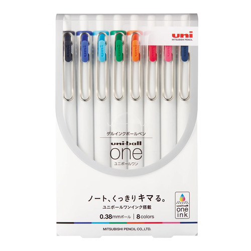 Uni-ball ONE Gel Pen 0.38 8 Colours. Eight pigment-gel pens, 0.38 mm, pack about 90 × 18 × 140 mm. Uni-ball ONE gel 0,38 8 couleurs. Huit stylos gel pigment, 0,38 mm, blister env. 90 × 18 × 140 mm.