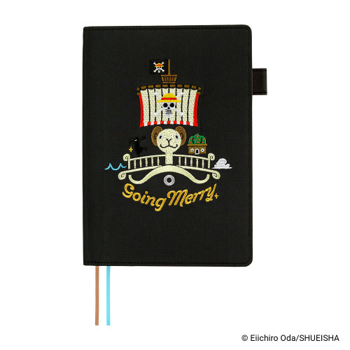 Hobonichi Techo A5 Cousin Cover ONE PIECE magazine Going Merry Go embroidered black cover. / Housse Hobonichi Techo A5 Cousin ONE PIECE magazine Going Merry Go brodée noire.