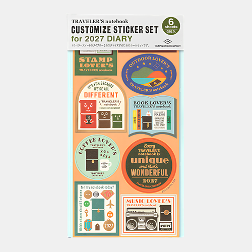 TRAVELER'S Notebook 2027 Customized Sticker Set featuring 6 sheets of indexing, schedule, dry transfer, and cover decoration stickers. / Ensemble d'autocollants personnalisés TRAVELER'S Notebook 2027 comprenant 6 feuilles d'indexation, d'icônes de calendrier, de décalcomanies et de décoration.