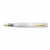 attaché Marbled Fountain Pen in White, featuring a pearlescent white marbled acrylic body and a 24K gold-plated fine nib. Stylo-plume attaché Marbled en blanc, avec un corps en acrylique marbré blanc perlé et une plume fine plaquée or 24 carats.