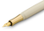 Kaweco STUDENT 60's Swing fountain pen. Features a classic ivory acrylic barrel, a soft organic green screw cap, and shiny polished gold trim, available with a fine or medium gold-plated nib. / Stylo-plume Kaweco STUDENT 60's Swing. Présente un corps classique en résine acrylique ivoire, un capuchon à vis vert doux, et des attributs dorés brillants, disponible avec une plume fine ou moyenne plaquée or.