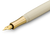 Kaweco STUDENT 50's Rock fountain pen. Features a cool cream acrylic barrel, a deep suede-blue screw cap, and shiny polished gold trim, available with a fine or medium gold-plated steel nib. / Stylo-plume Kaweco STUDENT 50's Rock. Présente un corps en résine acrylique crème, un capuchon à vis bleu suède soutenu, et des attributs dorés brillants, disponible avec une plume fine ou moyenne en acier plaqué or.
