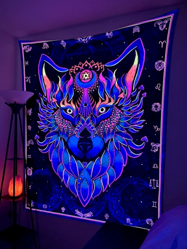 Wolf Large UV Reactive Tapestry