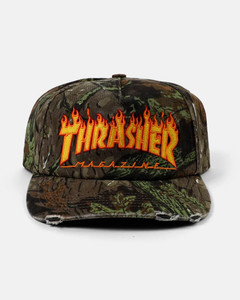 Thrasher Flame Distressed Snapback Hat Camo - Skateboard Hat