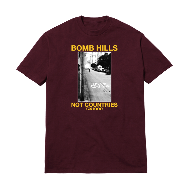 Gx1000 Bomb Hills Not Countries Burgundy/yellow Ss Xl - Skateboard Tshirt