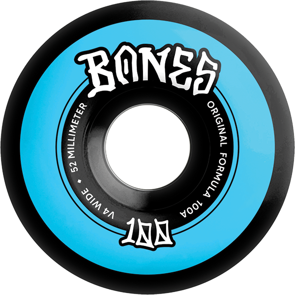 Bones Wheels - 100's Og V4 Color Widecut 52mm 100a Blk/blue - Skateboard Wheels (Set Of Four)