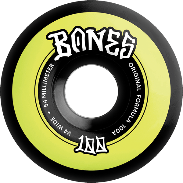 Bones Wheels - 100's Og V4 Color Widecut 54mm 100a Blk/yel - Skateboard Wheels (Set Of Four)