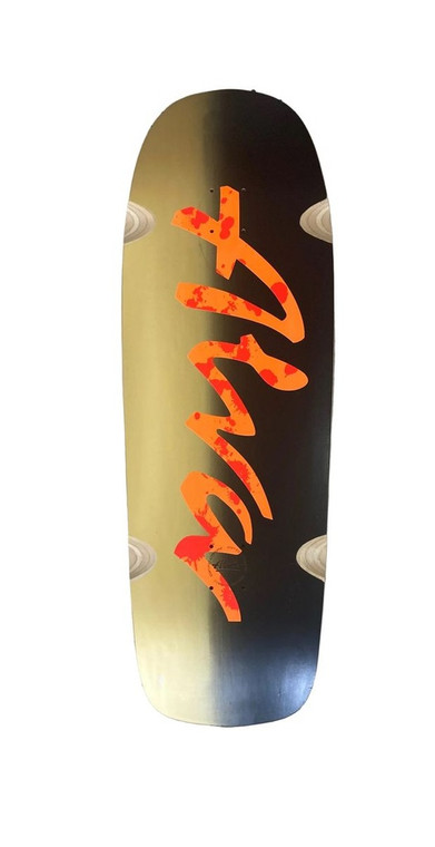 Alva Double Diamond Pool Crusher Gold/black/orange Red Splatter Shaped Wheel Wells Deck 11.0 X 34.0 - Skateboard Deck