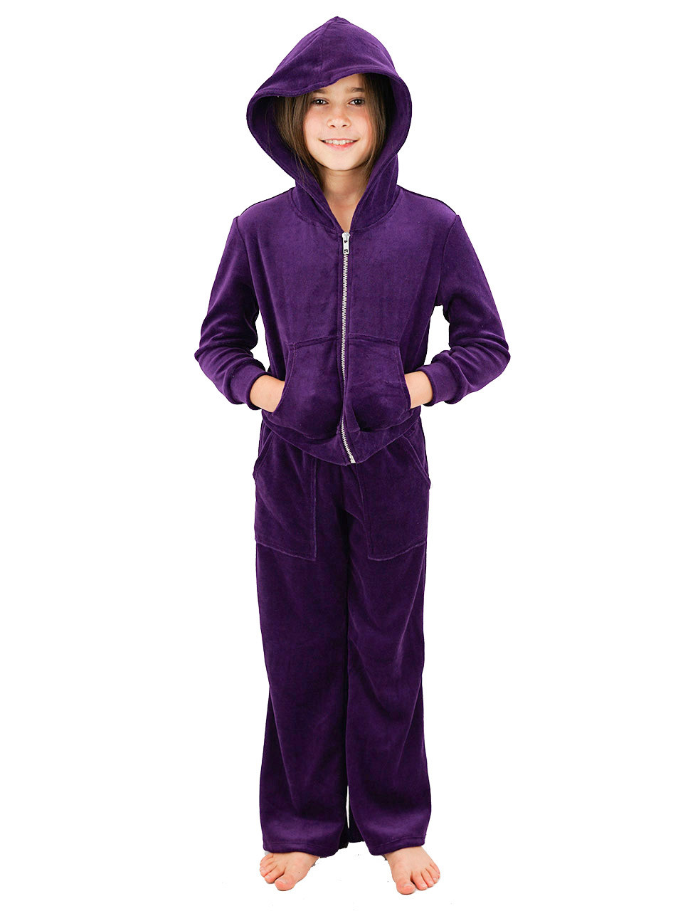 Velour Hoodie Set Girls Jacket With Pant Pockets Zipper Open