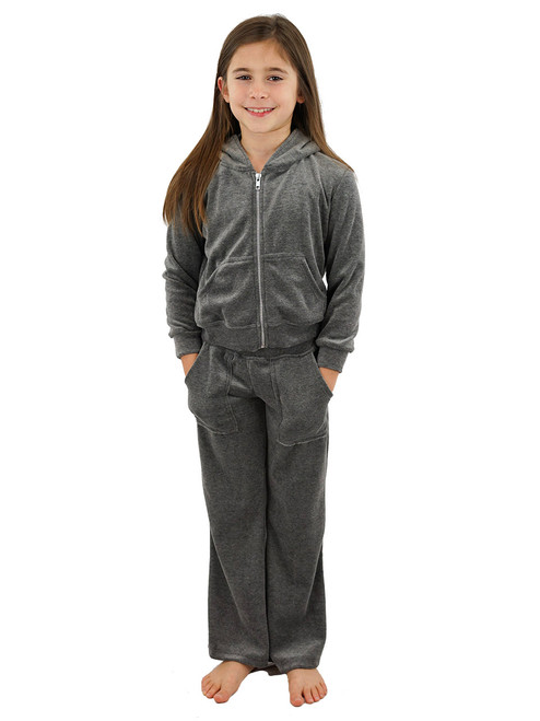 Velour Hoodie Set Girls Jacket With Pant Pockets Silver Zipper