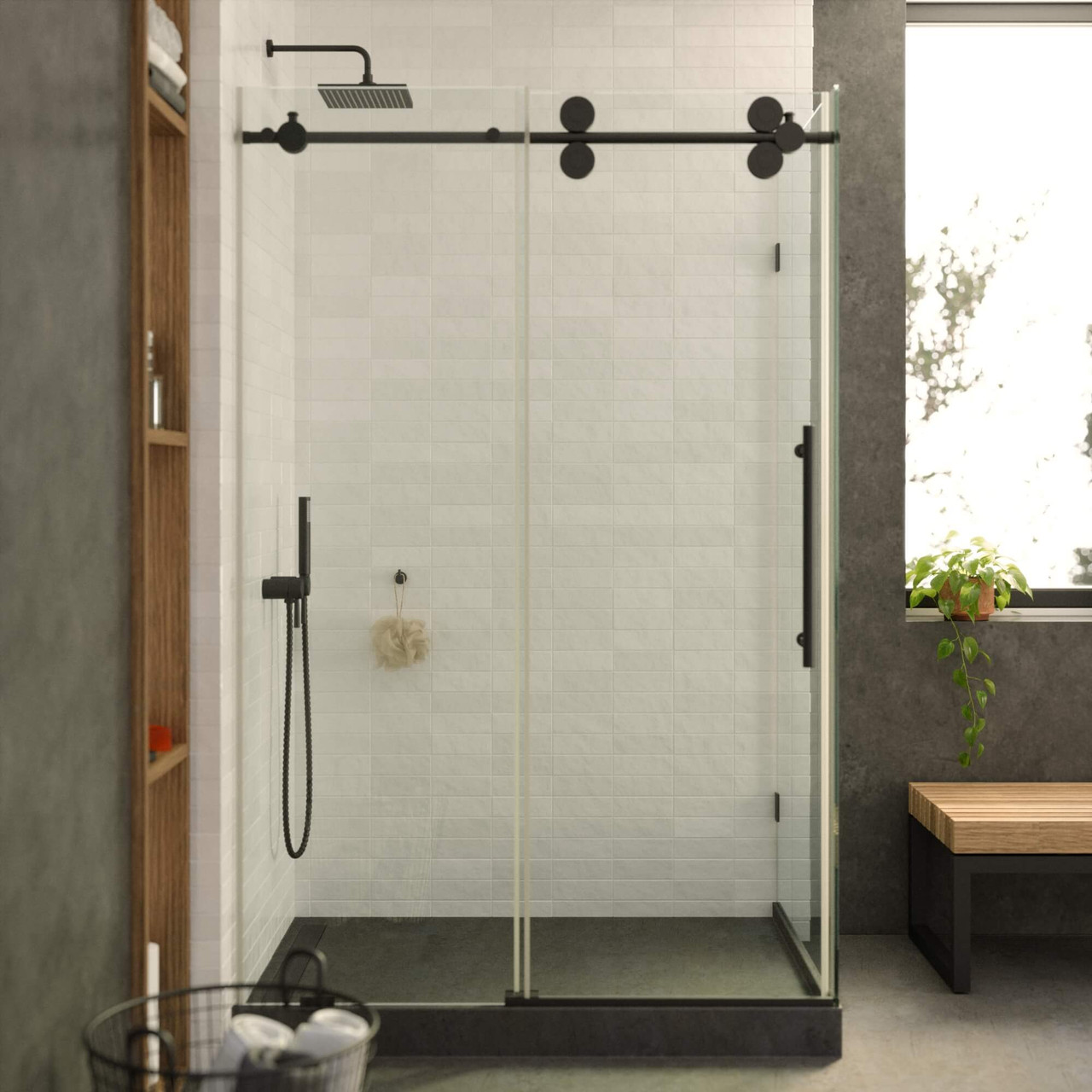 Fine Fixtures SER1-48BL Sliding Frameless Rectangle Shower Enclosure ...