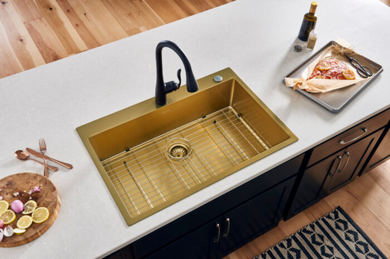 Ruvati Ruvati 33 x 22 inch Satin Brass Matte Gold Stainless Steel Drop-in  Topmount Kitchen Sink Single Bowl RVH5005GG
