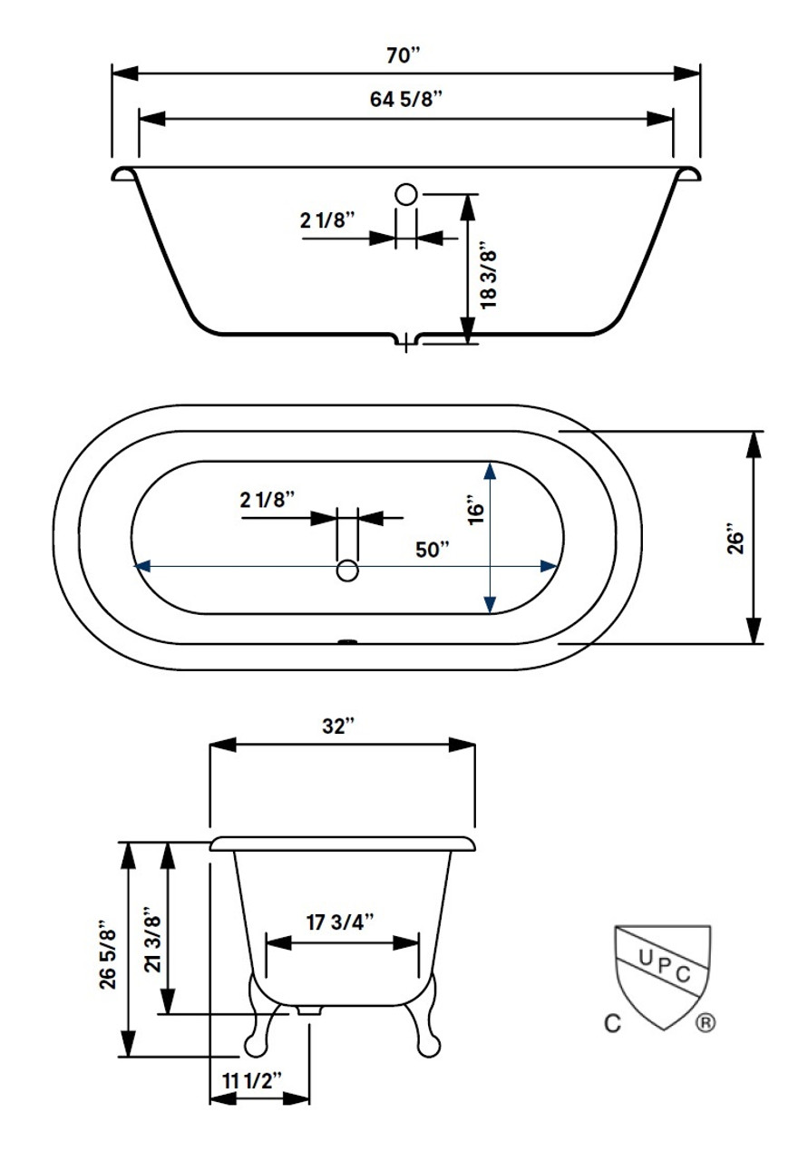 Cheviot 2180-WC-6-CH REGAL Cast Iron Bathtub with Faucet Holes and  Shaughnessy Feet - 70x32x26 w/ Chrome Feet