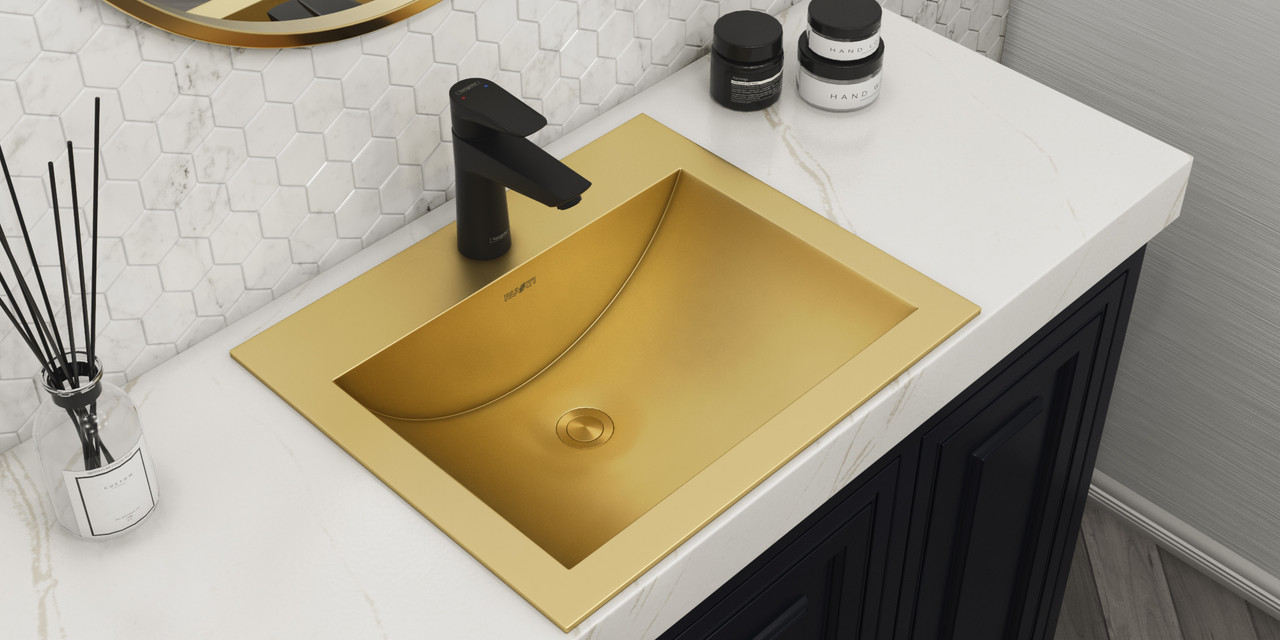 Ruvati 21 x 17 inch Brushed Gold Drop-in Topmount Bathroom Sink Polished Brass  Stainless Steel