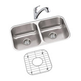 ELKAY  DXUH3118DFBG Dayton Stainless Steel 31-3/4" x 18-1/4" x 8", Equal Double Bowl Undermount Sink and Faucet Kit with Bottom Grid