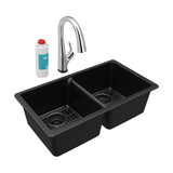 Elkay Quartz Classic 33" x 18-1/2" x 9-1/2", Equal Double Bowl Undermount Sink Kit with Filtered Faucet,  Black - ELGU3322BK0FLC