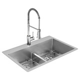 Elkay Crosstown 18 Gauge Stainless Steel 33" x 22" x 9", 1-Hole Equal Double Bowl Undermount or Drop-in Sink Kit with Aqua Divide and Faucet - ECTSRA33229TFC