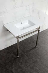 Kingston Brass KVBH37227BN Addington 37" Console Sink with Brass Legs (Single Faucet Hole), White/- Brushed Nickel