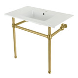 Kingston Brass KVBH37227BB Addington 37" Console Sink with Brass Legs (Single Faucet Hole), White/- Brushed Brass
