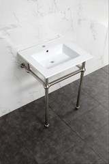 Kingston Brass KVBH252278 Addington 25" Console Sink with Brass Legs (Single Faucet Hole), White/- Brushed Nickel
