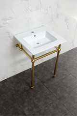 Kingston Brass KVBH252277 Addington 25" Console Sink with Brass Legs (Single Faucet Hole), White/- Brushed Brass