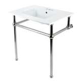 Kingston Brass KVBH31227W4B6 Addington 31" Console Sink with Brass Legs (8-Inch, 3 Hole), White/- Polished Nickel