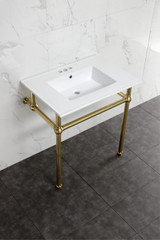 Kingston Brass KVBH31227W4B7 Addington 31" Console Sink with Brass Legs (8-Inch, 3 Hole), White/- Brushed Brass