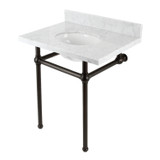 Kingston Brass KVBH3022M85 Addington 30" Console Sink with Brass Legs (8-Inch, 3 Hole), Marble White/- Oil Rubbed Bronze