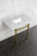 Kingston Brass KVBH3022M8SQ7 Addington 30" Console Sink with Brass Legs (8-Inch, 3 Hole), Marble White/- Brushed Brass