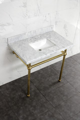 Kingston Brass KVBH3622M8SQ7 Addington 36" Console Sink with Brass Legs (8-Inch, 3 Hole), Marble White/- Brushed Brass