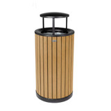 Alpine  ALP4400-01-CD-RB Round, 32-Gallon Outdoor Trash Container with Slatted Recycled Plastic Panels - Rain Bonnet Lid - Cedar