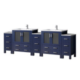Lexora LVV108D36E601 Volez 108 inch W Navy Blue Double Sink Vanity Cabinet with Side Cabinets, White Ceramic Top, and Faucet Set