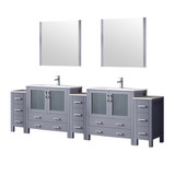 Lexora Volez 108 inch W Dark Grey Double Sink Vanity Cabinet with Side Cabinets, White Ceramic Top, 34 in Mirrors, and Faucet Set