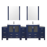 Lexora Volez 108 inch W Navy Blue Double Sink Vanity Cabinet with Side Cabinets, White Ceramic Top, 34 in Mirrors, and Faucet Set