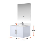 Lexora Geneva 30 in. W Glossy White Wall Mount Bath Vanity Cabinet, White Quartz Top, Faucet Set, and 30 in. LED Mirror