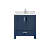 Lexora Jacques 30 in. W Navy Blue Bath Vanity Cabinet, White Quartz Top, and Faucet Set