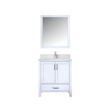 Lexora Jacques 30 in. W White Bath Vanity Cabinet, Cultured Marble Top, Faucet Set, and 28 in. Mirror