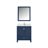 Lexora Jacques 30 in. W Navy Blue Bath Vanity Cabinet, White Quartz Top, Faucet Set, and 28 in. Mirror